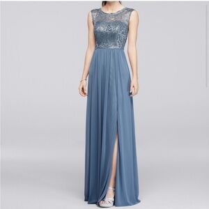 David’s Bridal F19328M Steel Blue Lace Sleeveless Bridesmaids Dress Size 4